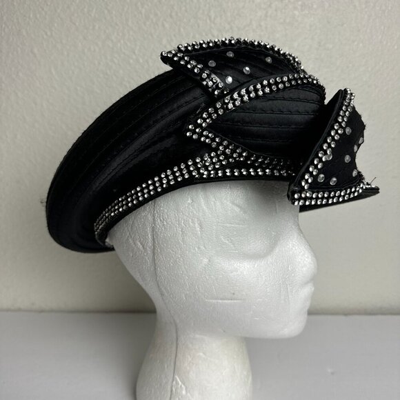 Satin Black Beret Cap Hat  w / Rhinestones main image 4